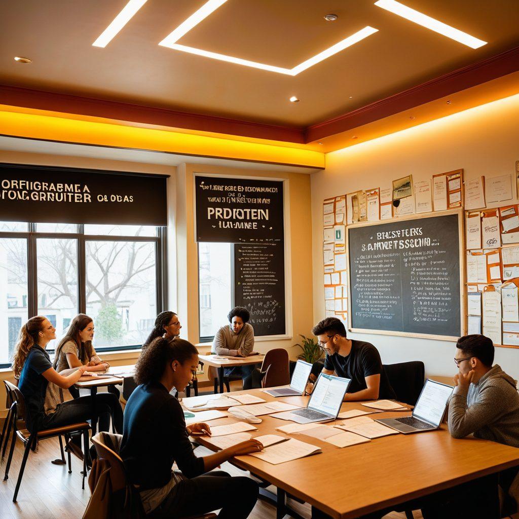 An inspiring scene depicting a diverse group of individuals studying together, surrounded by books and certificates in a bright, sunlit room. Incorporate elements like a chalkboard with vivid diagrams of insurance concepts, computers displaying online courses, and motivational quotes adorning the walls. Highlight a mix of genders and ethnicities to emphasize inclusivity. super-realistic. vibrant colors. warm lighting.
