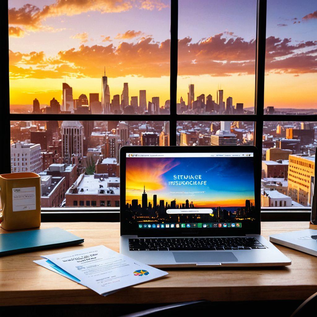 A bright, open laptop on a wooden desk displaying an interactive online insurance course. Surrounding the laptop are colorful books and certification diplomas, symbolizing education and achievement. In the background, a modern city skyline represents future opportunities. The overall scene should be inviting and inspiring, with a warm sunlight streaming through a window. vibrant colors. super-realistic.