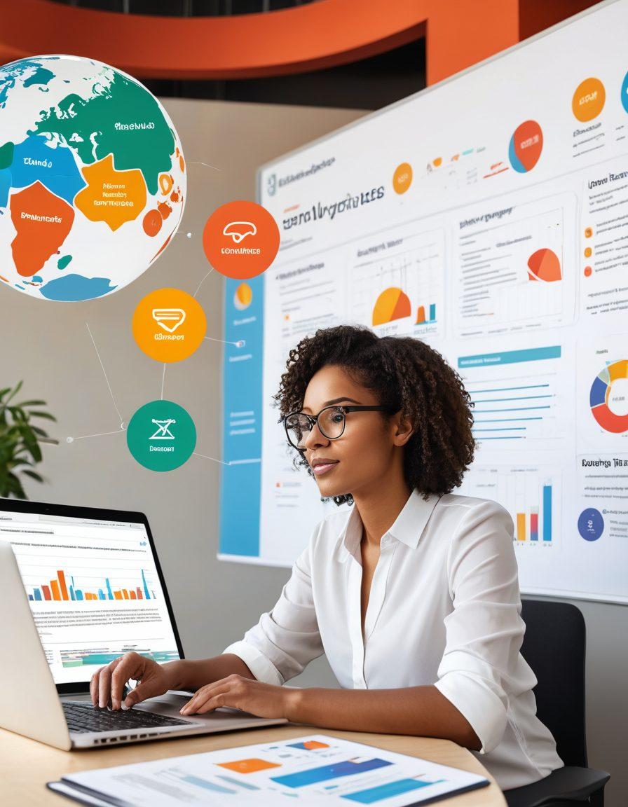 A digital workspace filled with engaging web-based insurance learning materials, such as interactive quizzes, infographics, and virtual classrooms. A confident learner, transitioning from novice to expert, is depicted in front of a laptop, with charts and graphs showcasing skill progression. The background features elements of the insurance industry like policy documents and a globe symbolizing global knowledge. Bright colors and a modern aesthetic enhance the sense of growth and learning. vibrant colors. 3D.